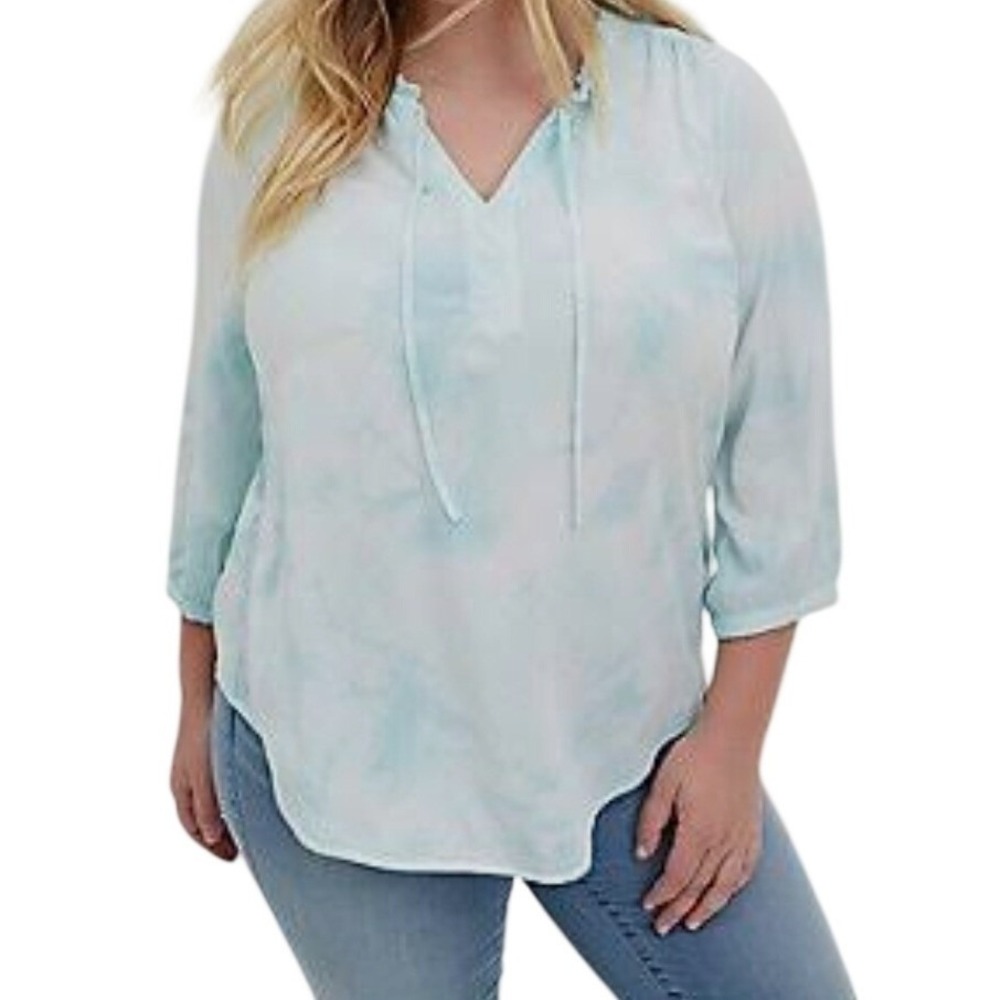 Torrid Blue‎ Tie Dye Rayon Twill Peasant Blouse 2 Plus Size Ruffle Split Neck